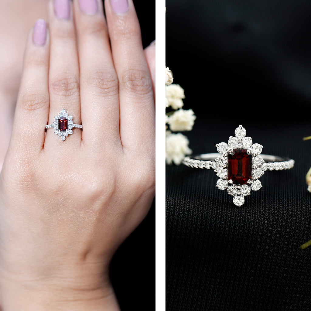 Vintage Inspired Garnet Emerald Cut Engagement Ring with Diamond Halo