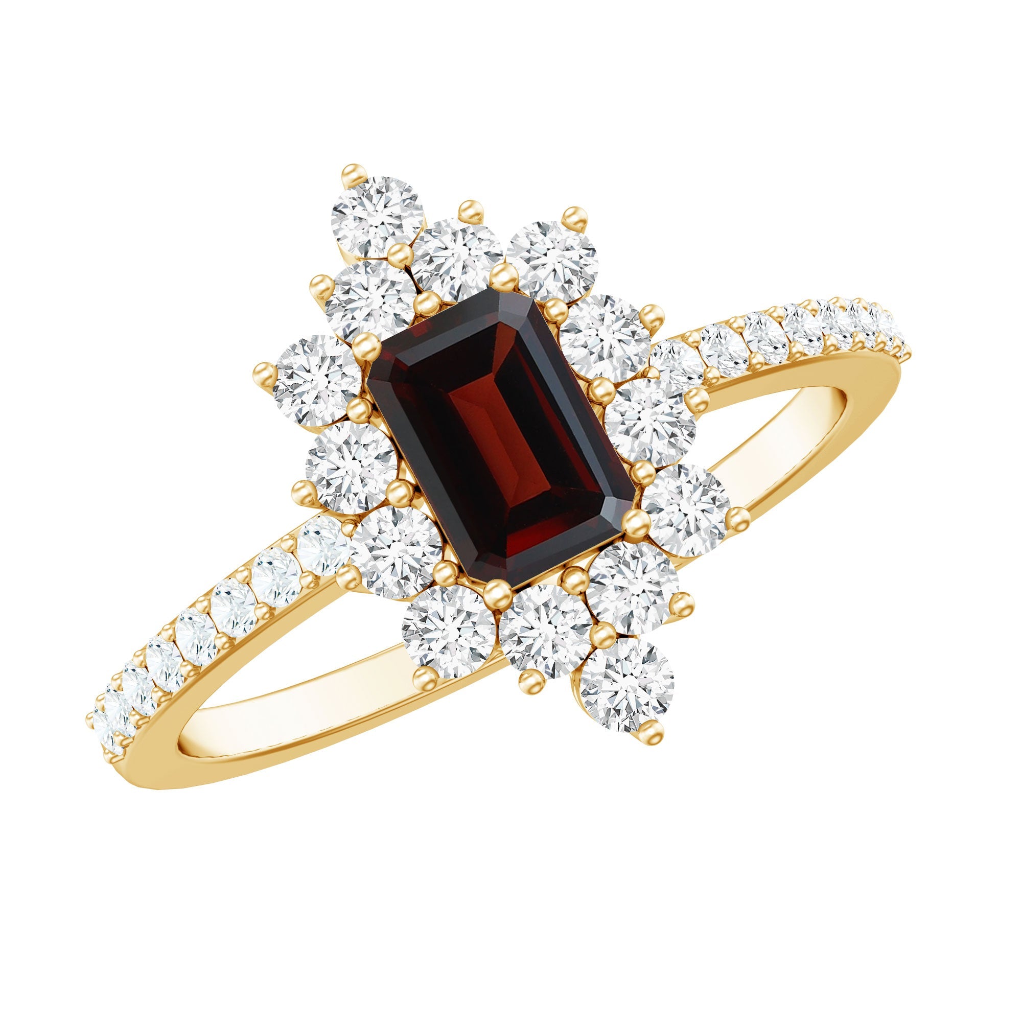 Vintage Inspired Garnet Emerald Cut Engagement Ring with Diamond Halo | Rings | Wiccan Center