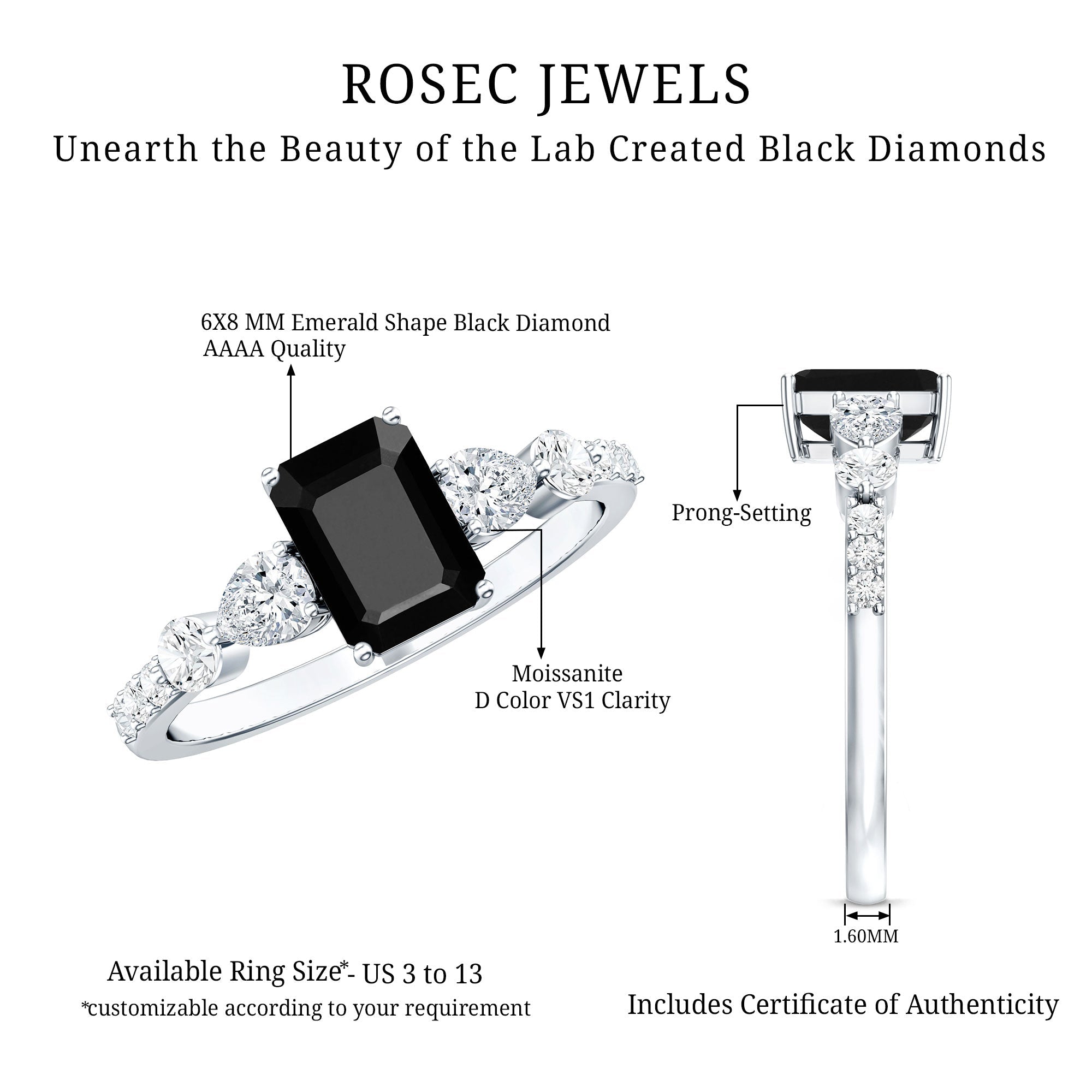Certified 1.6 Carat Lab Grown Black Diamond Emerald Cut Engagement Ring with Side Stones