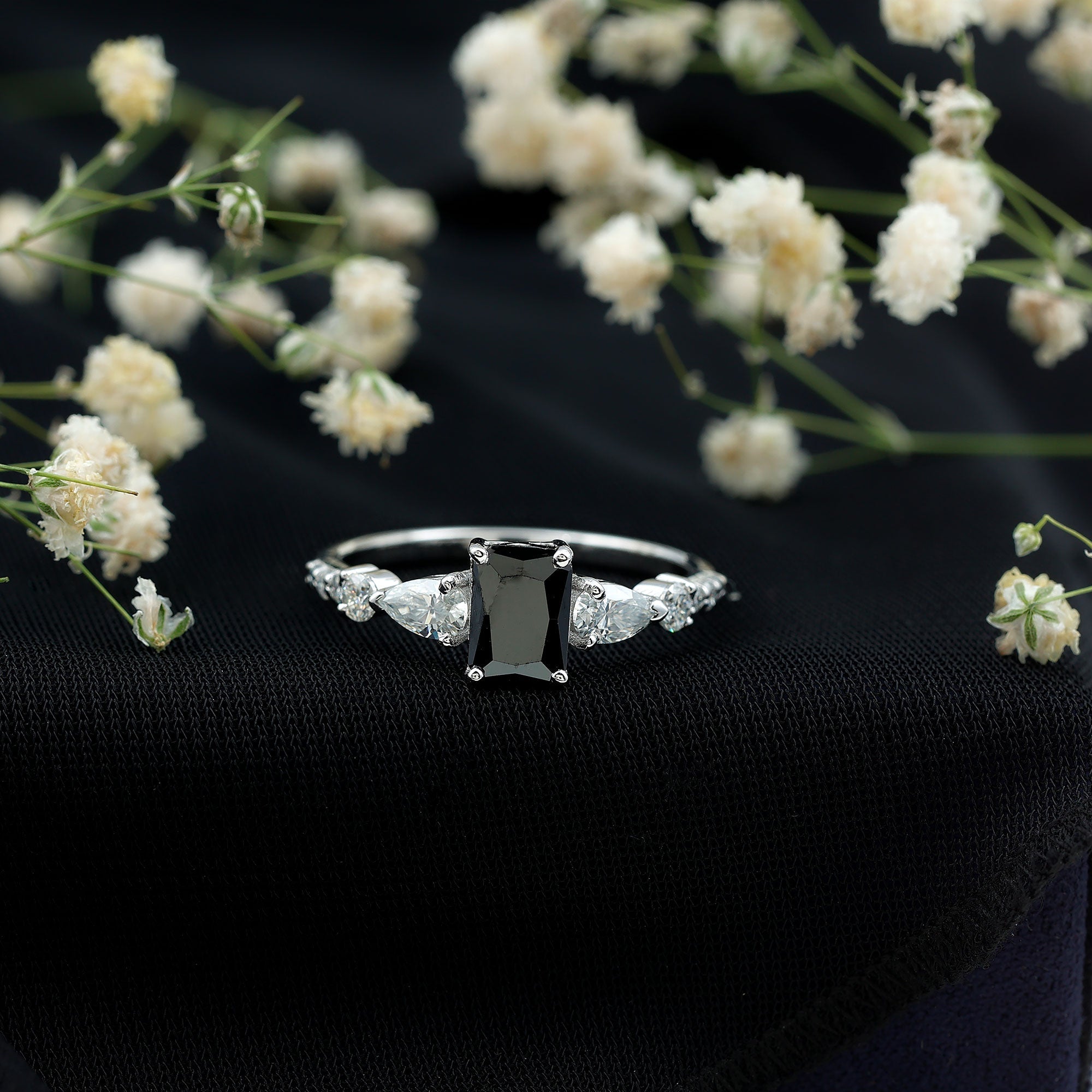 Certified 1.6 Carat Lab Grown Black Diamond Emerald Cut Engagement Ring with Side Stones