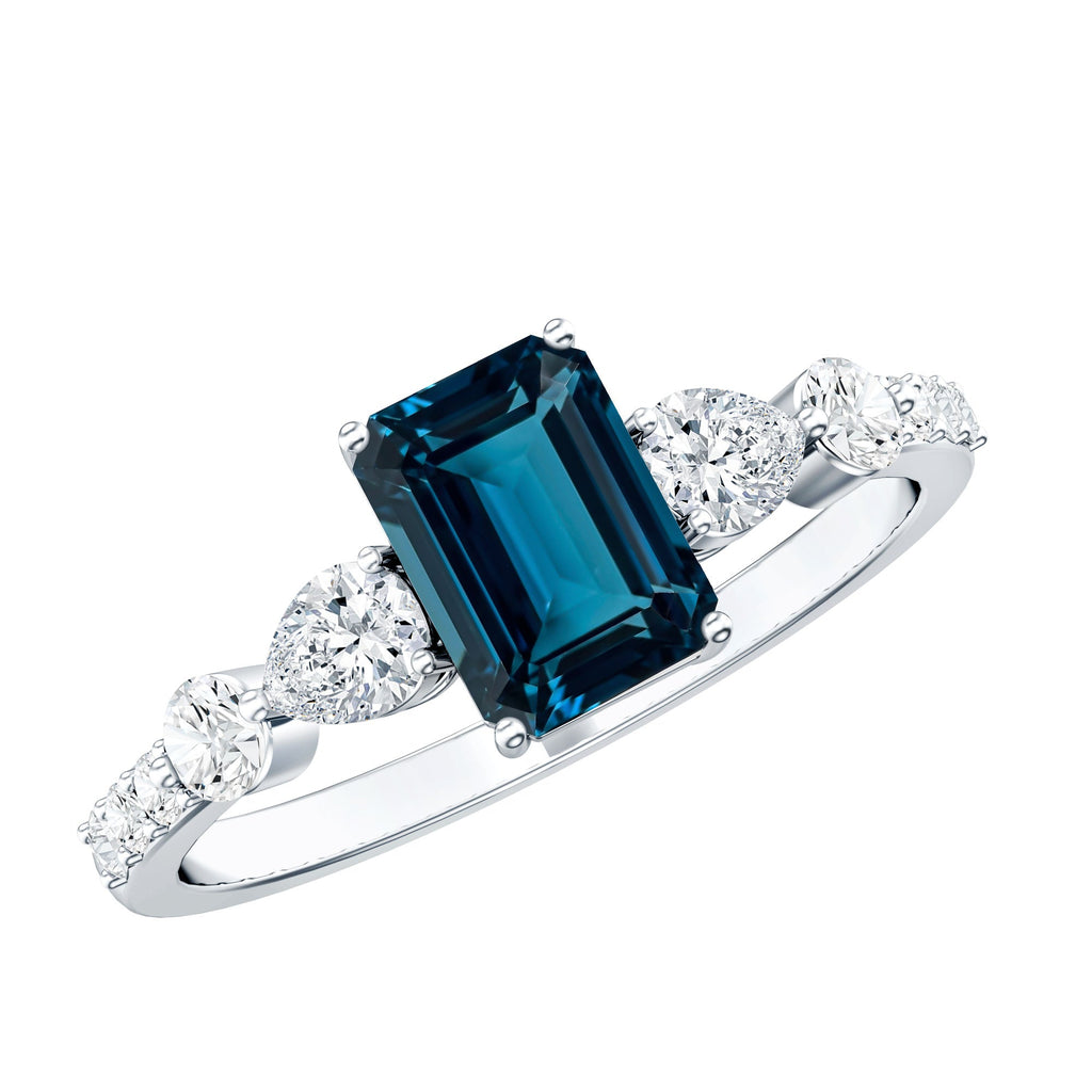 Genuine 2.2 Carat Emerald Cut London Blue Topaz Engagement Ring with Diamond