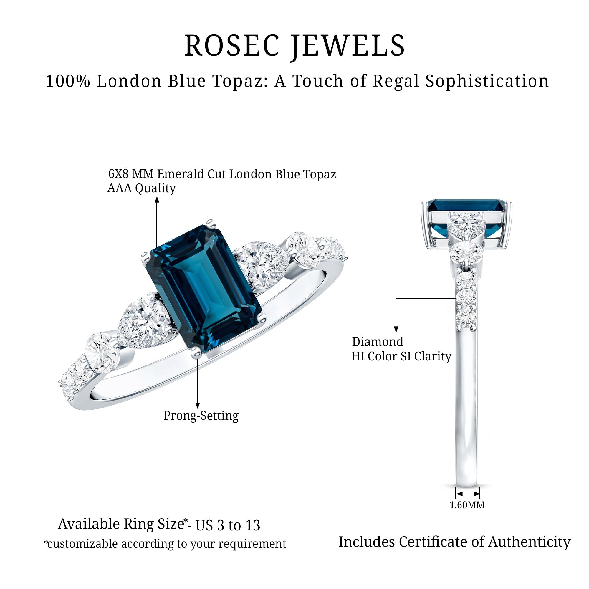 Genuine 2.2 Carat Emerald Cut London Blue Topaz Engagement Ring with Diamond
