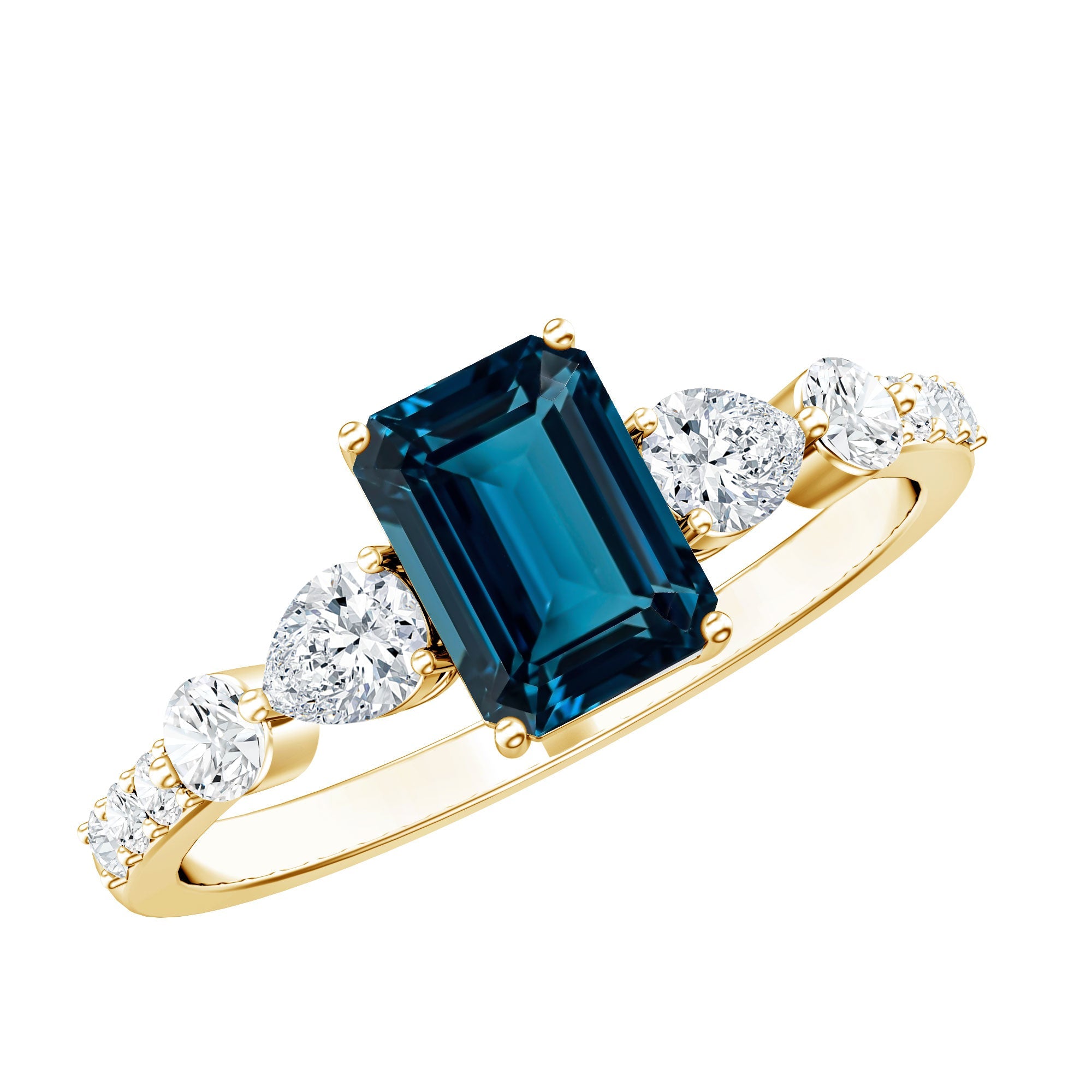 Genuine 2.2 Carat Emerald Cut London Blue Topaz Engagement Ring with Diamond | Rings | Wiccan Center