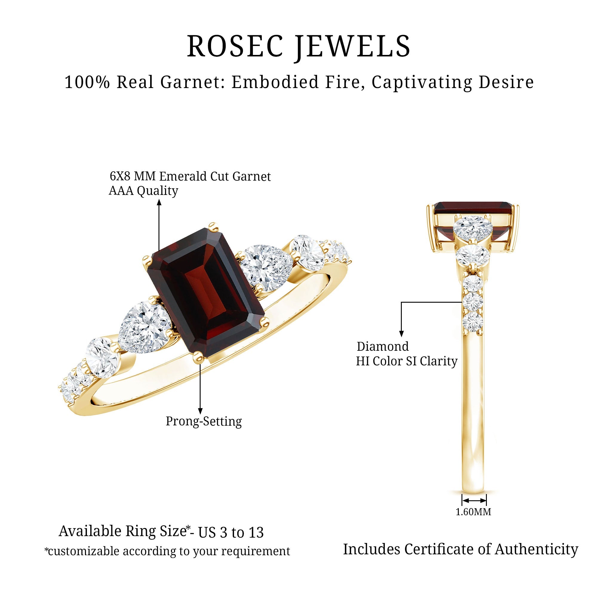 Genuine Garnet Emerald Cut Engagement Ring with Diamond Side Stones