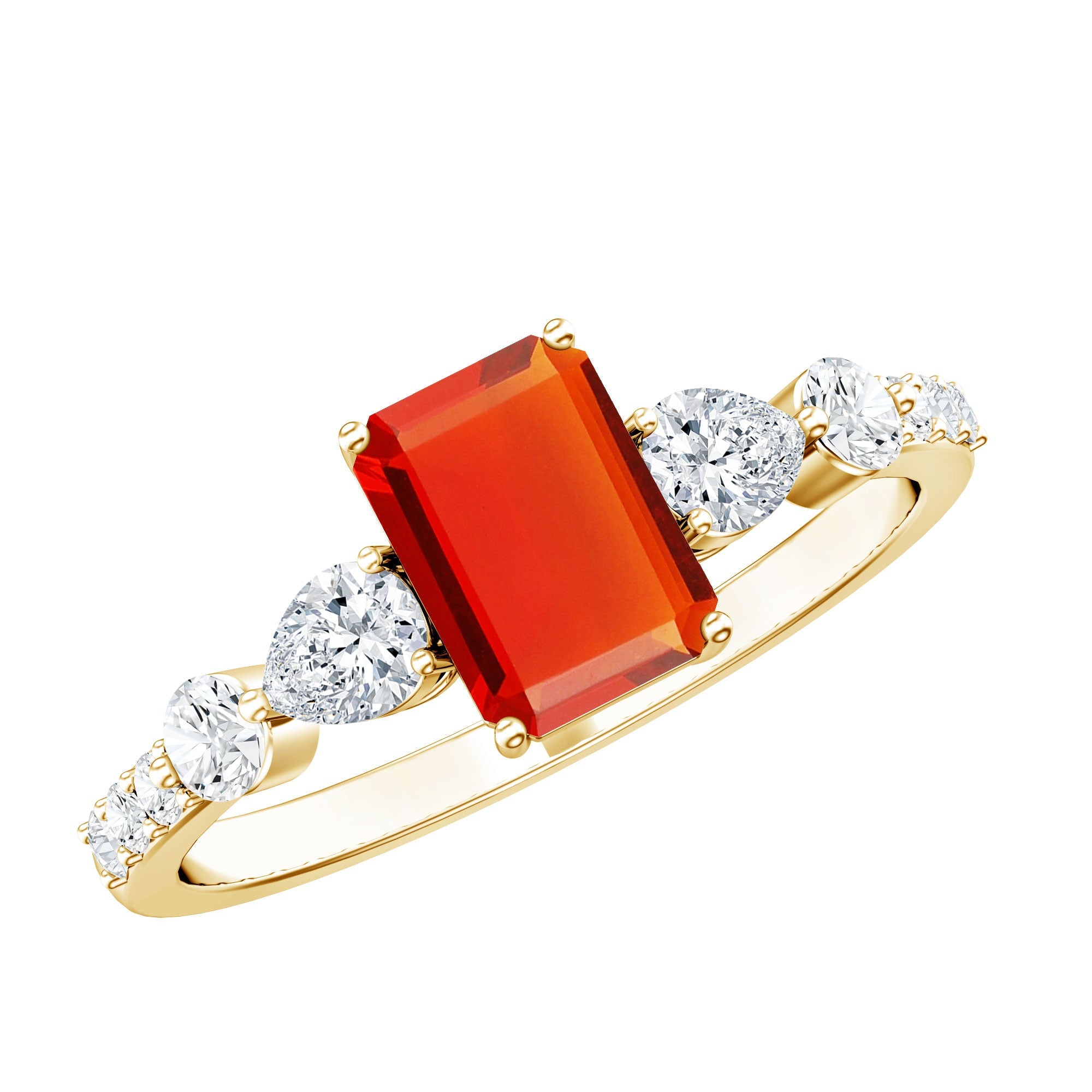 1 Carat Fire Opal Emerald Cut Engagement Ring with Diamond Side Stones | Rings | Wiccan Center