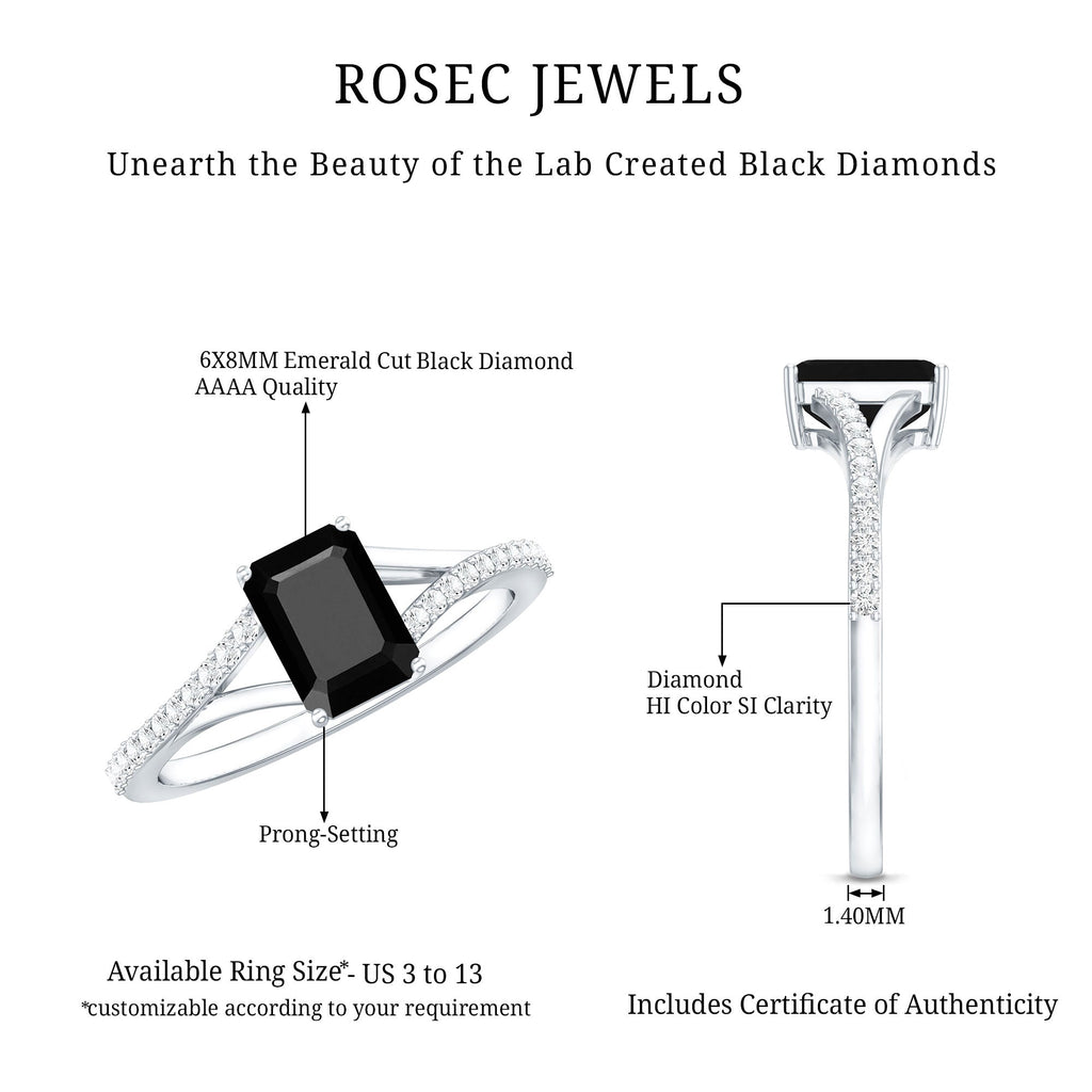 Certified 1.6 Carat Lab Grown Black Diamond Emerald Cut Engagement Ring with White Diamond Split Shank