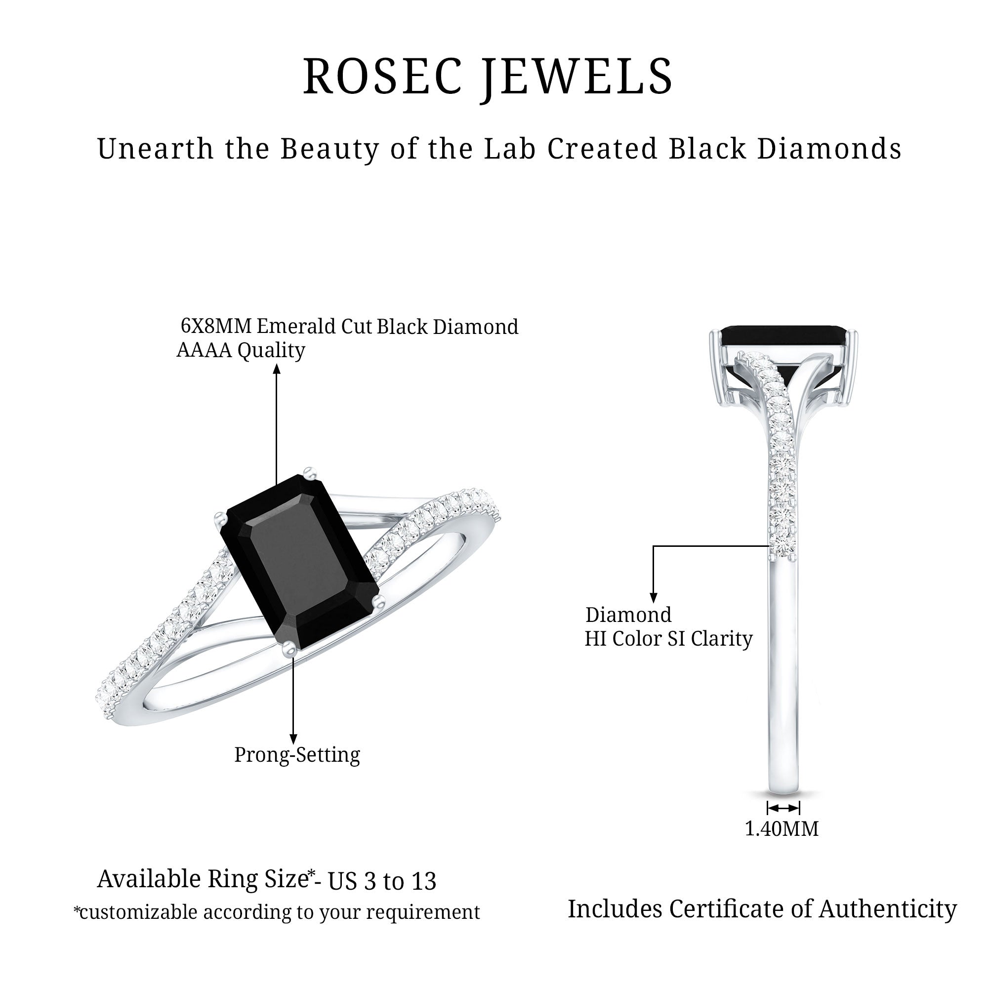 Certified 1.6 Carat Lab Grown Black Diamond Emerald Cut Engagement Ring with White Diamond Split Shank