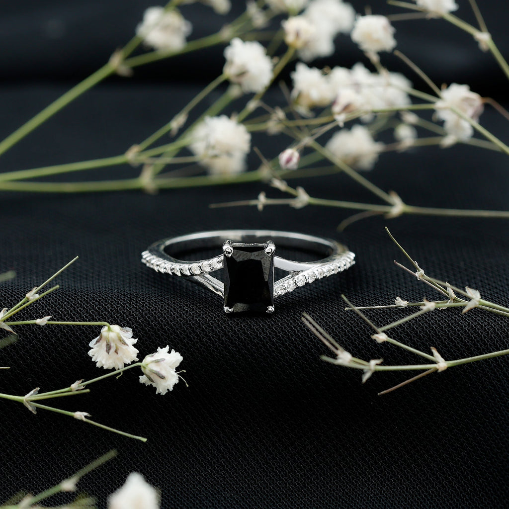 Certified 1.6 Carat Lab Grown Black Diamond Emerald Cut Engagement Ring with White Diamond Split Shank