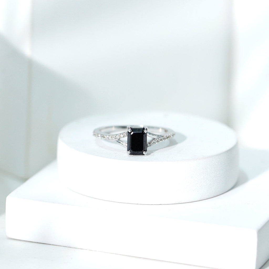 Certified 1.6 Carat Lab Grown Black Diamond Emerald Cut Engagement Ring with White Diamond Split Shank