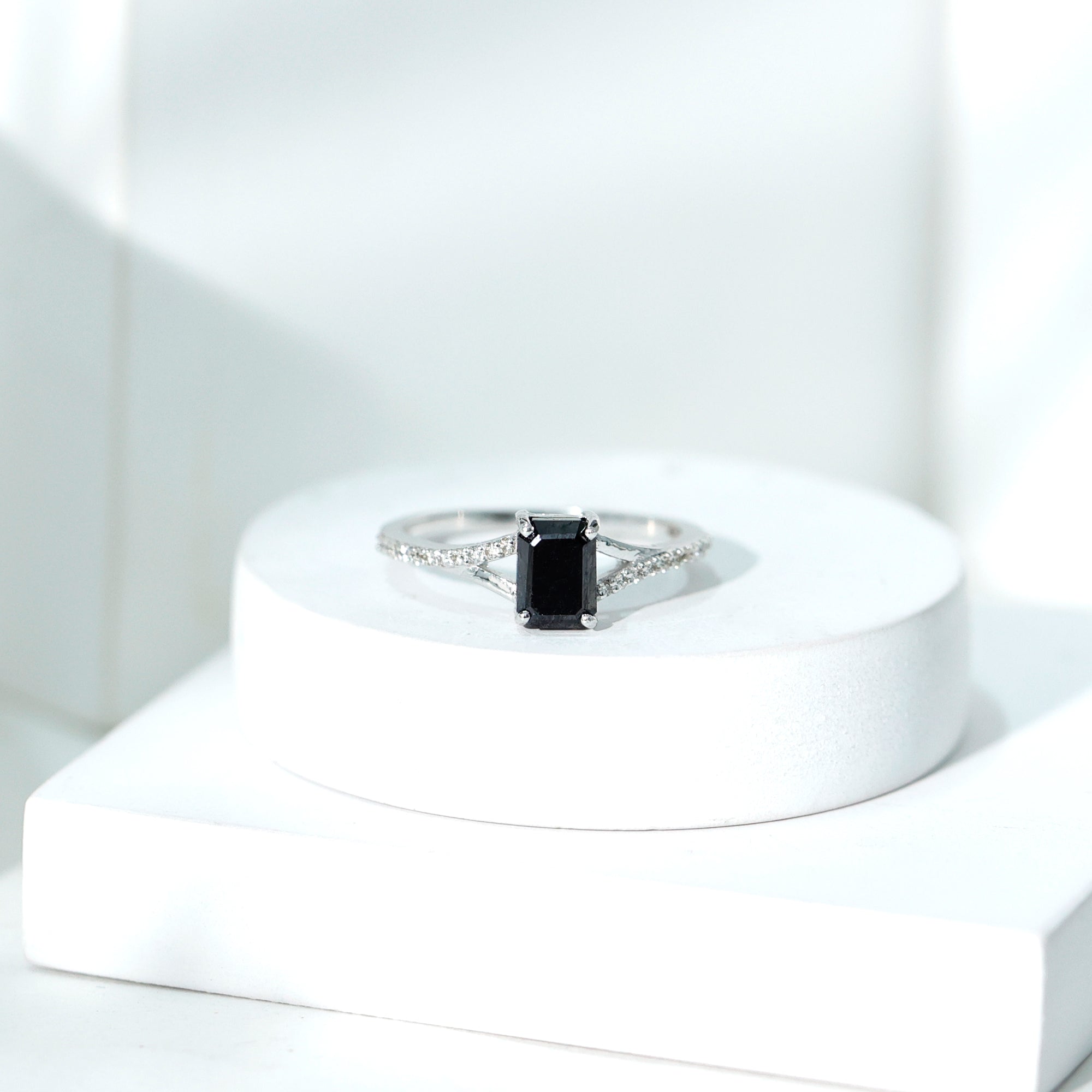 Certified 1.6 Carat Lab Grown Black Diamond Emerald Cut Engagement Ring with White Diamond Split Shank
