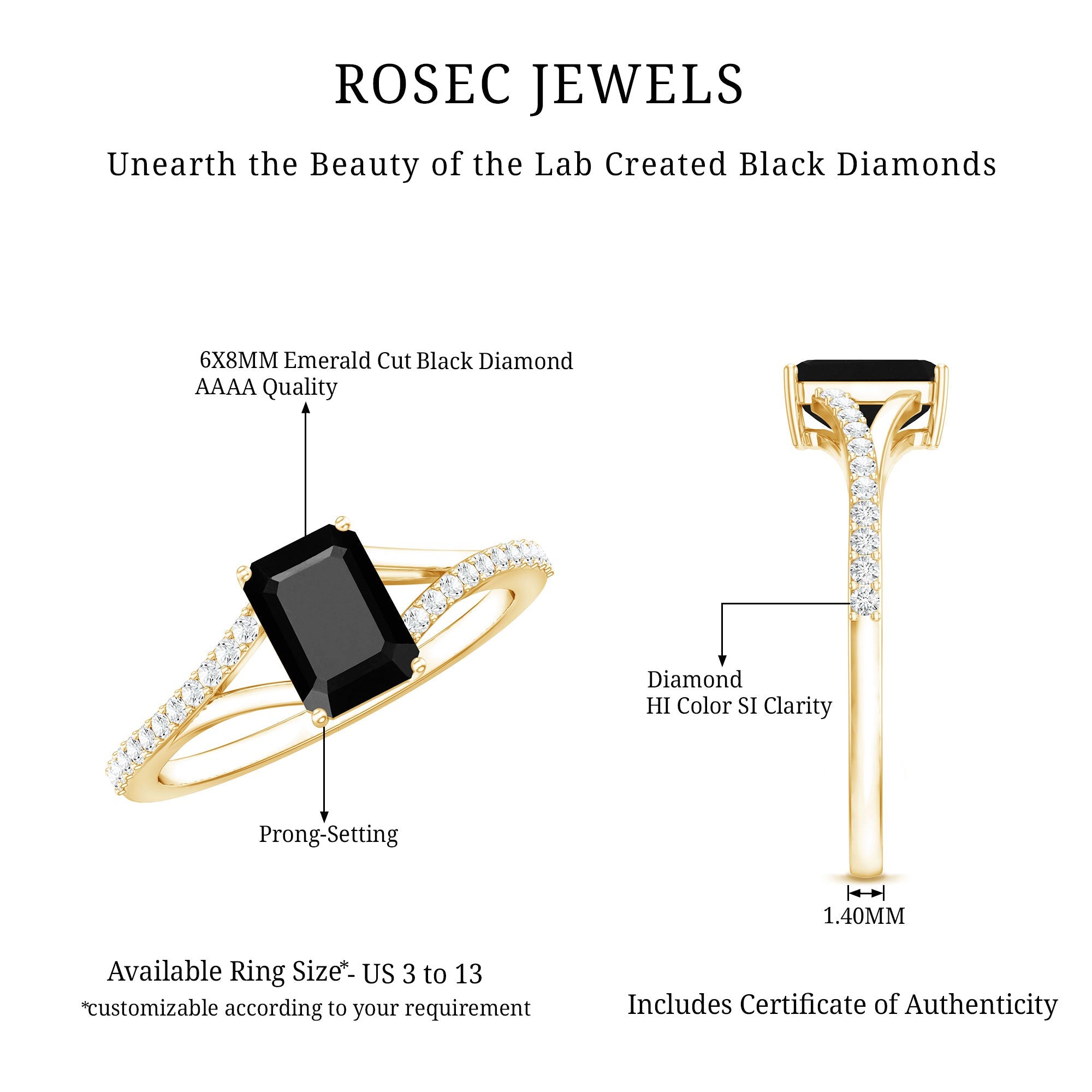 Certified 1.6 Carat Lab Grown Black Diamond Emerald Cut Engagement Ring with White Diamond Split Shank