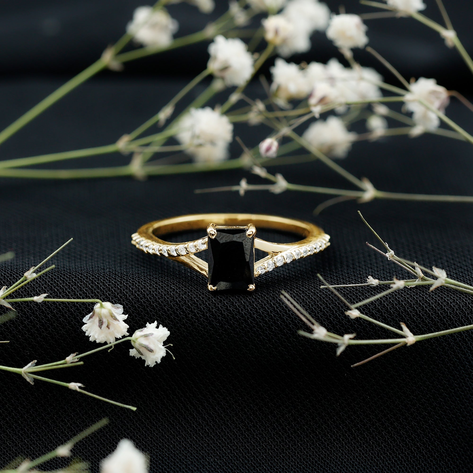 Certified 1.6 Carat Lab Grown Black Diamond Emerald Cut Engagement Ring with White Diamond Split Shank
