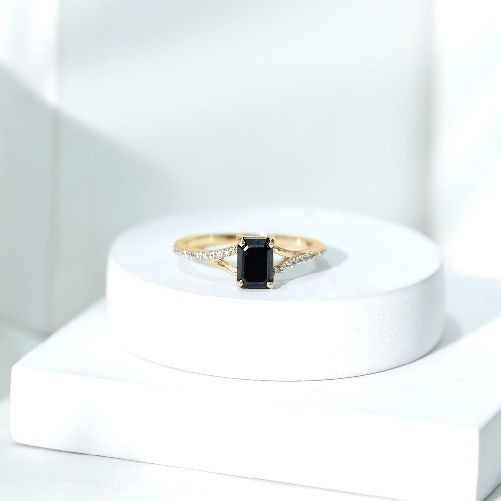 Certified 1.6 Carat Lab Grown Black Diamond Emerald Cut Engagement Ring with White Diamond Split Shank