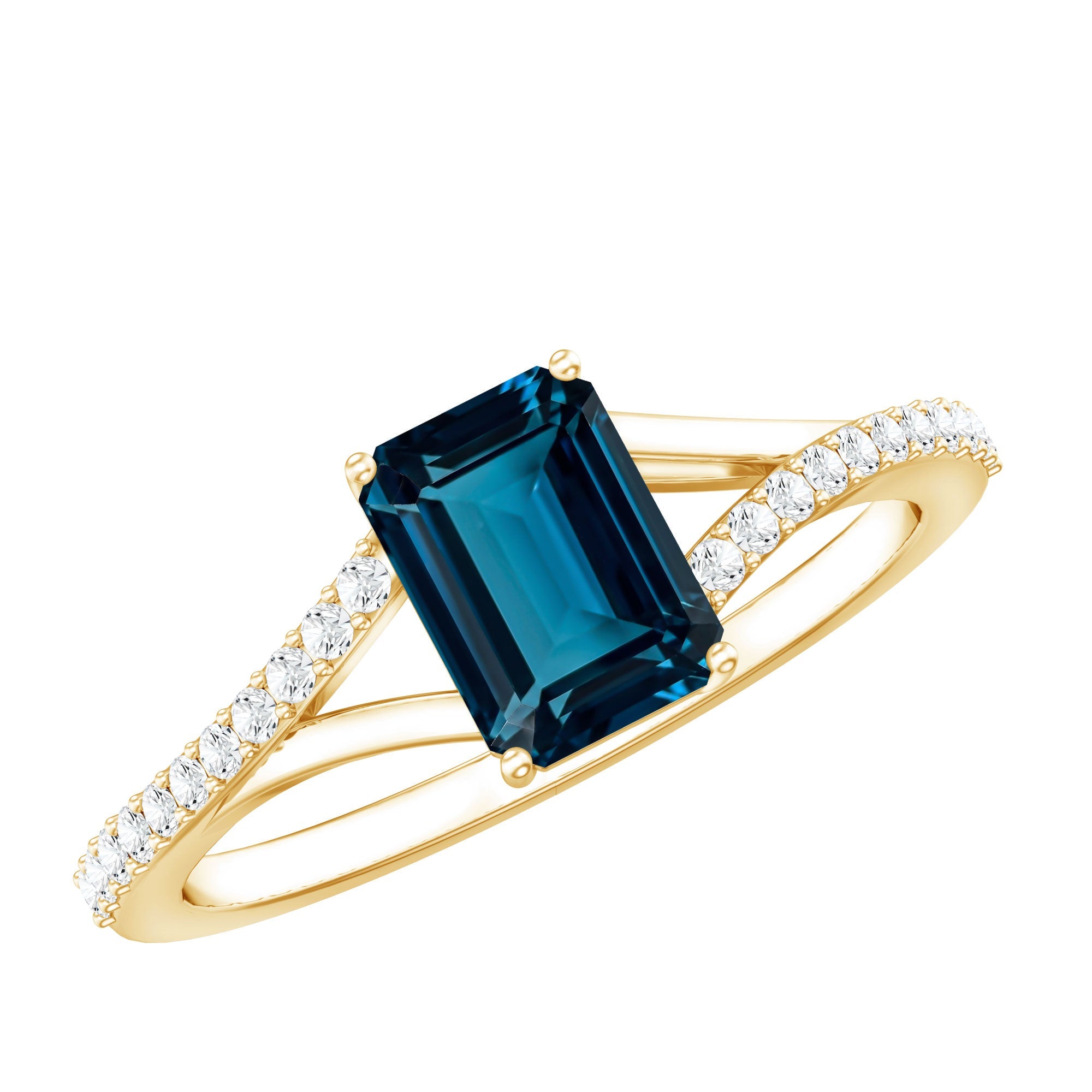 2.2 Carat Emerald Cut London Blue Topaz Split Shank Engagement Ring with Diamond | Rings | Wiccan Center
