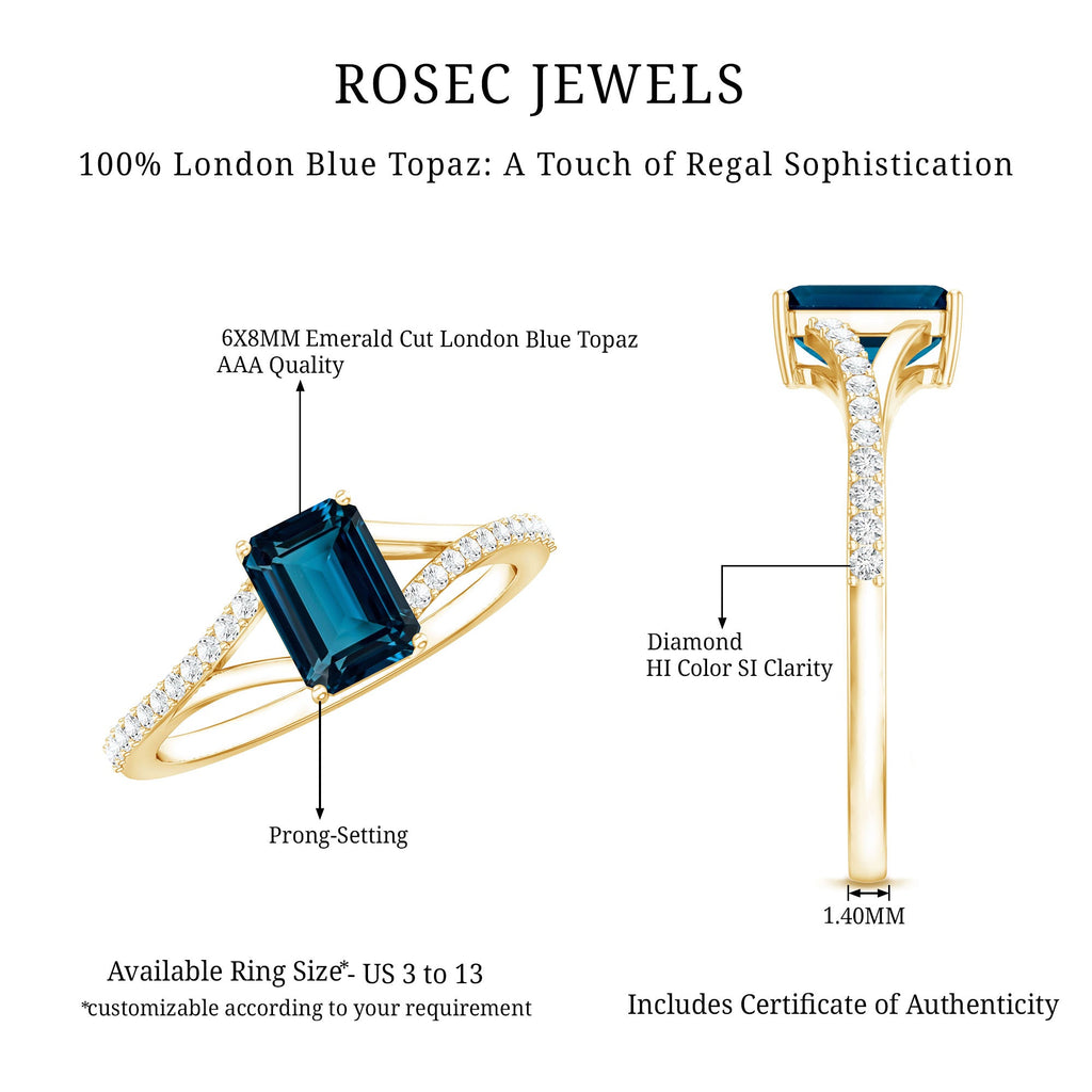 2.2 Carat Emerald Cut London Blue Topaz Split Shank Engagement Ring with Diamond