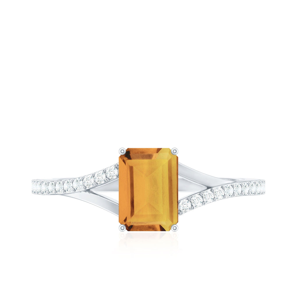 Real Citrine Emerald Cut Engagement Ring with Diamond Split Shank