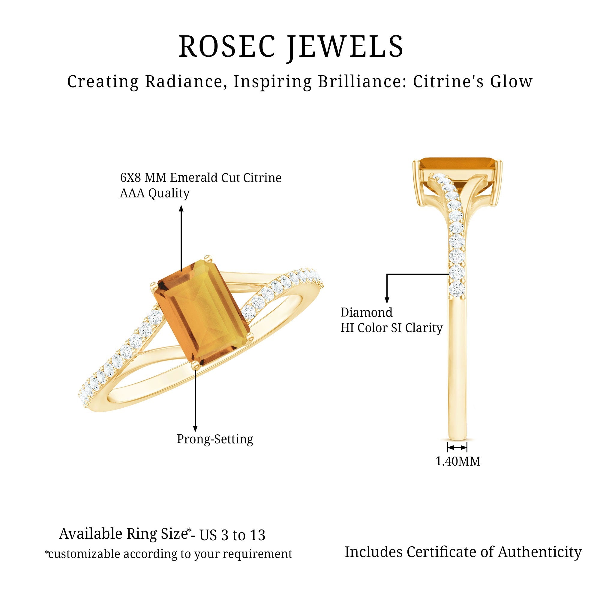 Real Citrine Emerald Cut Engagement Ring with Diamond Split Shank