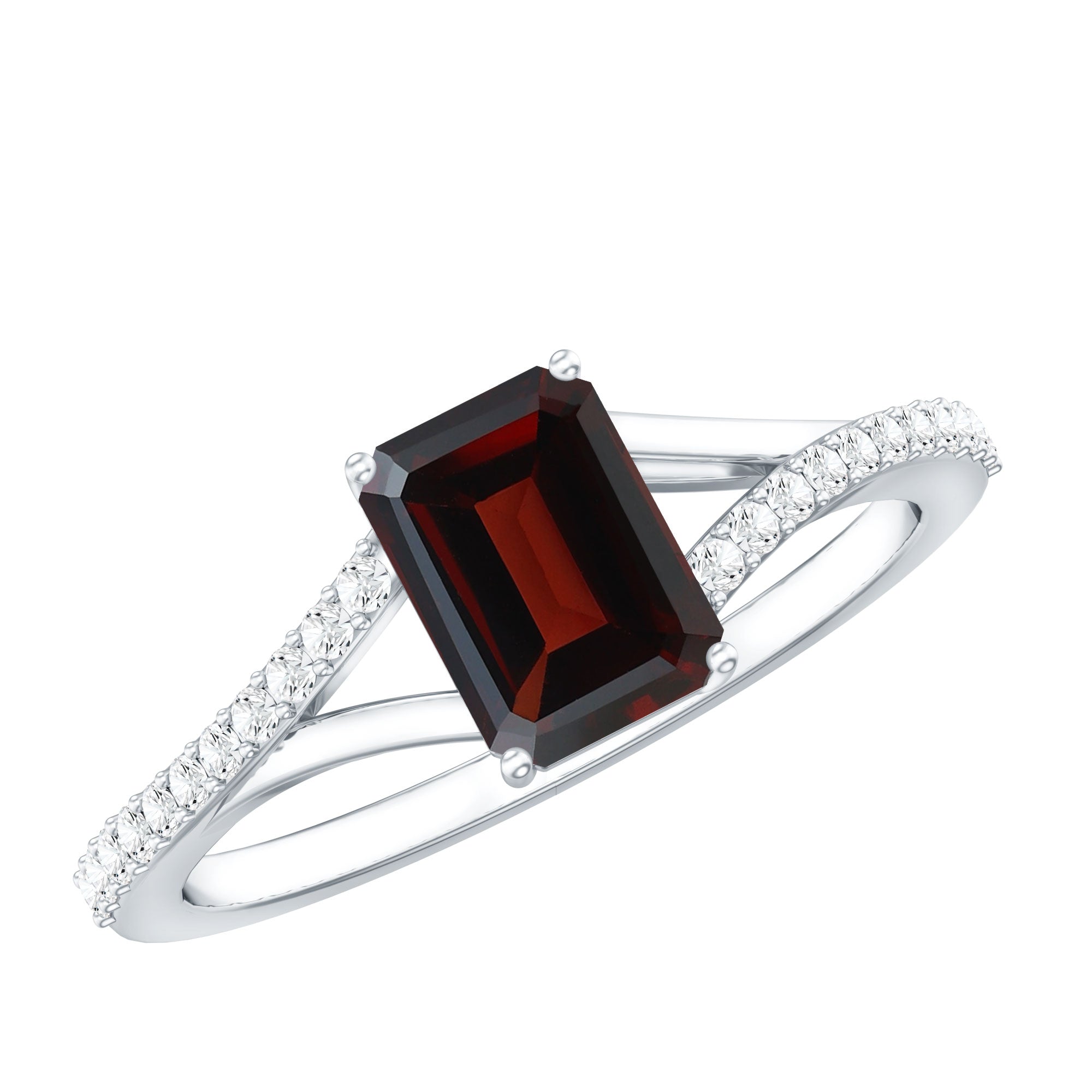 Certified Natural Garnet Emerald Cut Engagement Ring with Diamond Split Shank