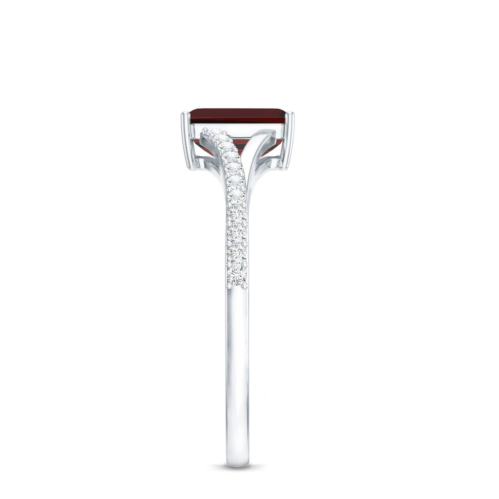 Certified Natural Garnet Emerald Cut Engagement Ring with Diamond Split Shank