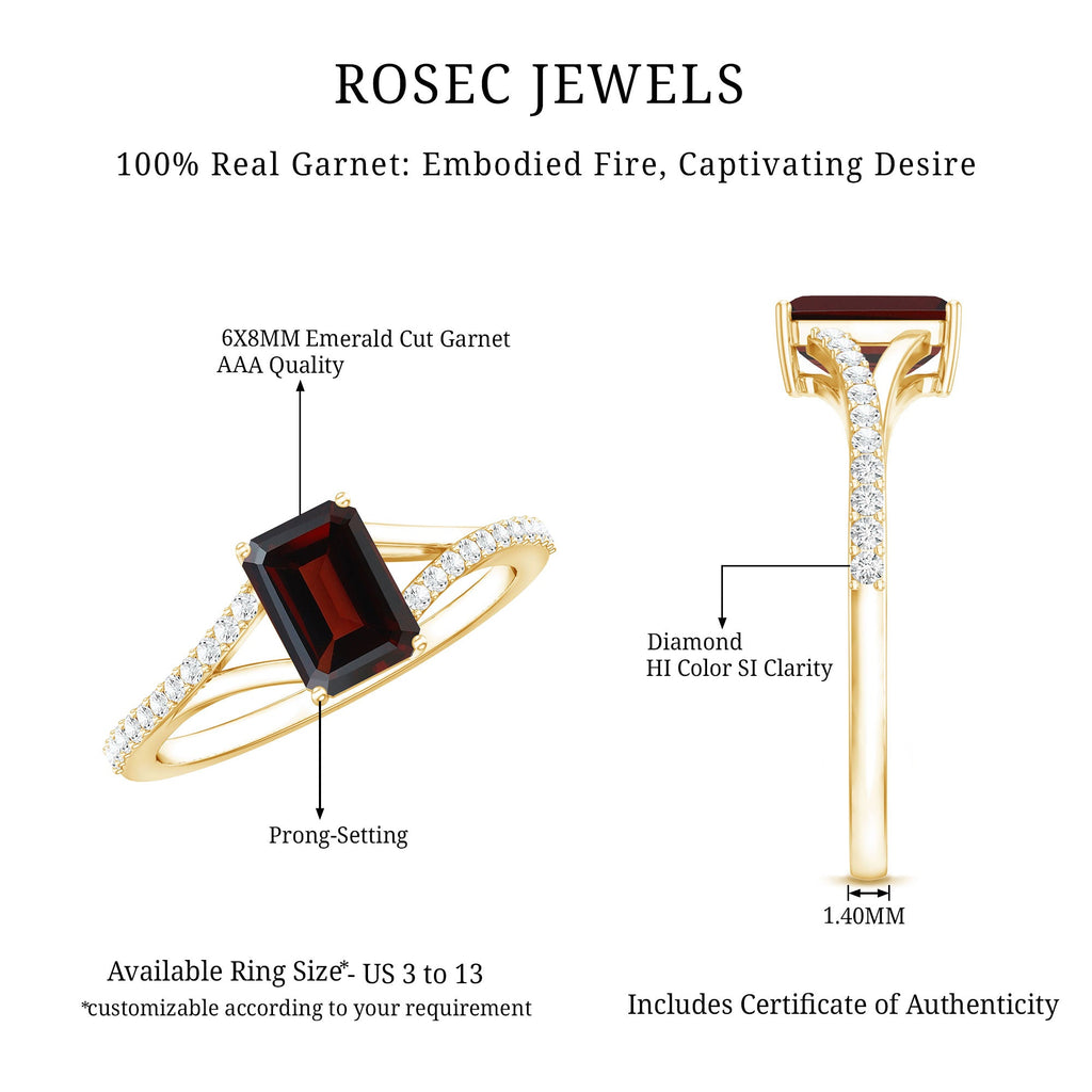 Certified Natural Garnet Emerald Cut Engagement Ring with Diamond Split Shank