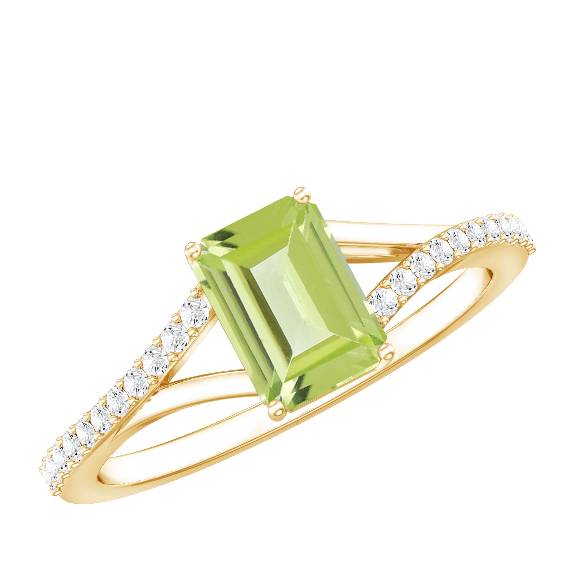 1.8 Carat Peridot Emerald Cut Engagement Ring with Diamond Split Shank | Rings | Wiccan Center