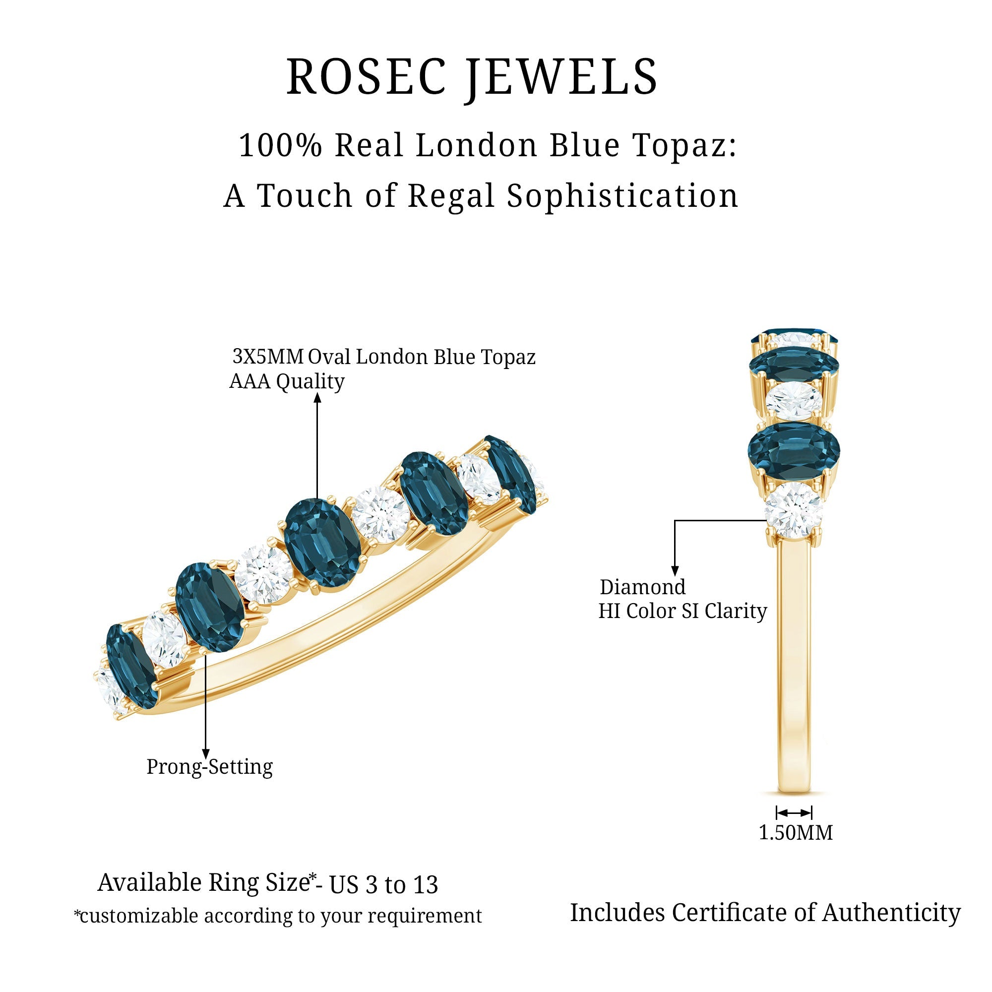 Oval London Blue Topaz Half Eternity Band Ring with Diamond