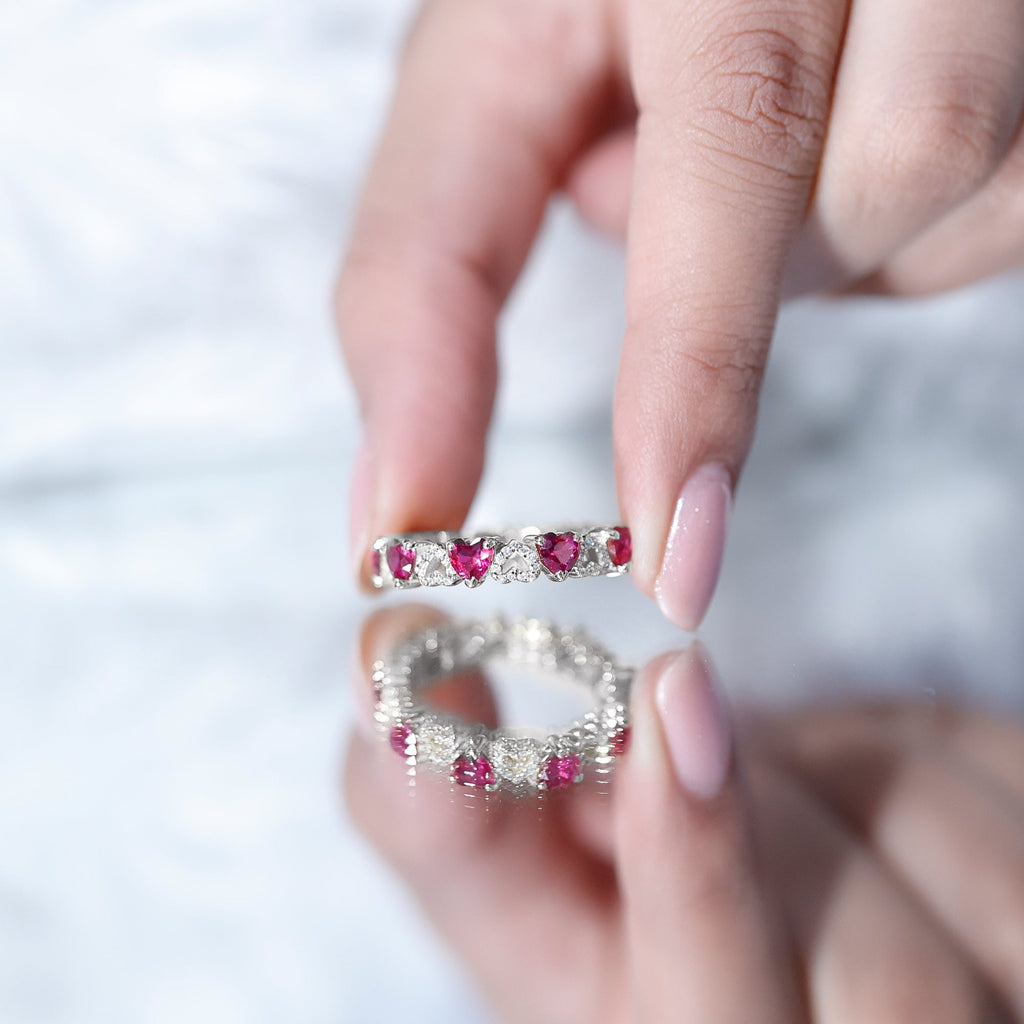 Lab-Created Ruby and Diamond Heart Eternity Band Ring