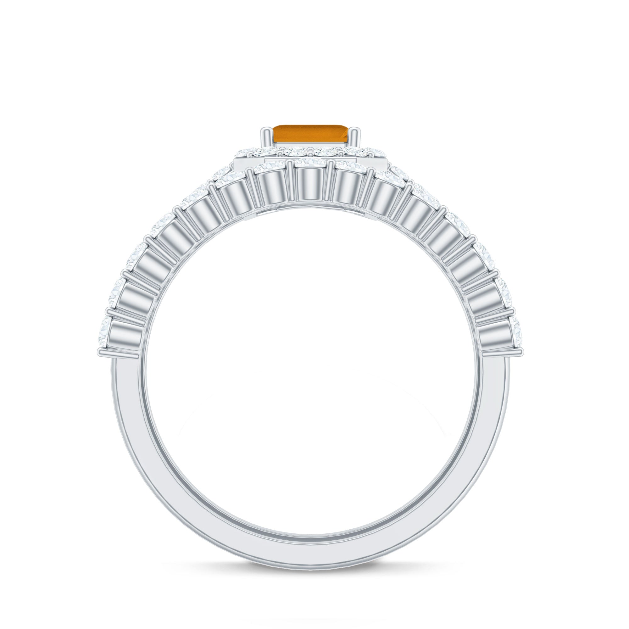 Emerald Cut Citrine Halo Engagement Ring with Moissanite Wedding Band
