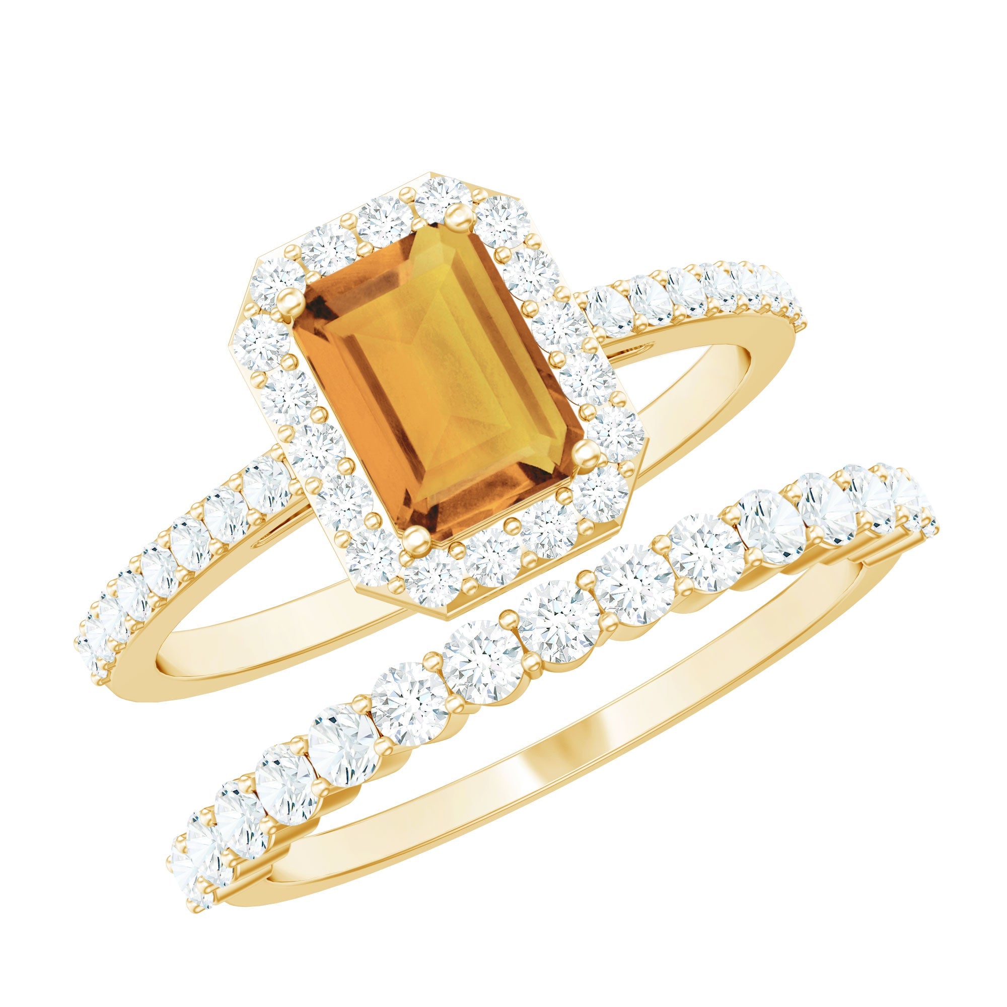 Emerald Cut Citrine Halo Engagement Ring with Moissanite Wedding Band