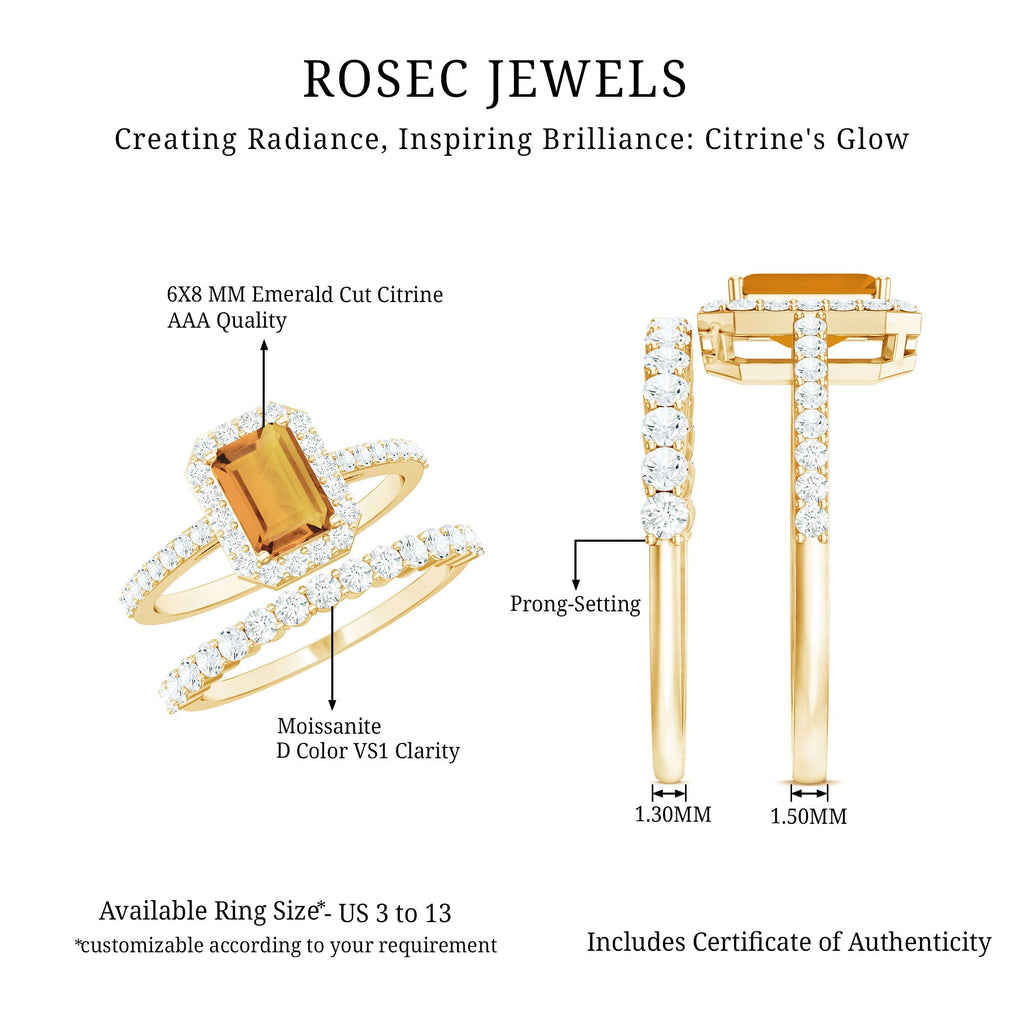 Emerald Cut Citrine Halo Engagement Ring with Moissanite Wedding Band