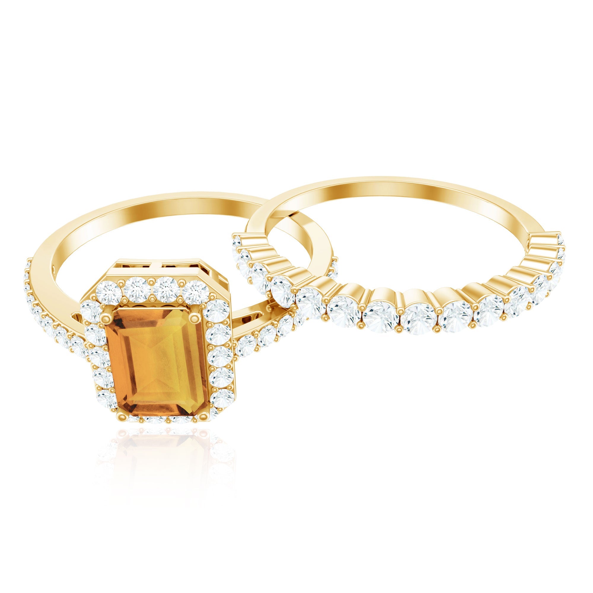 Emerald Cut Citrine Halo Engagement Ring with Moissanite Wedding Band