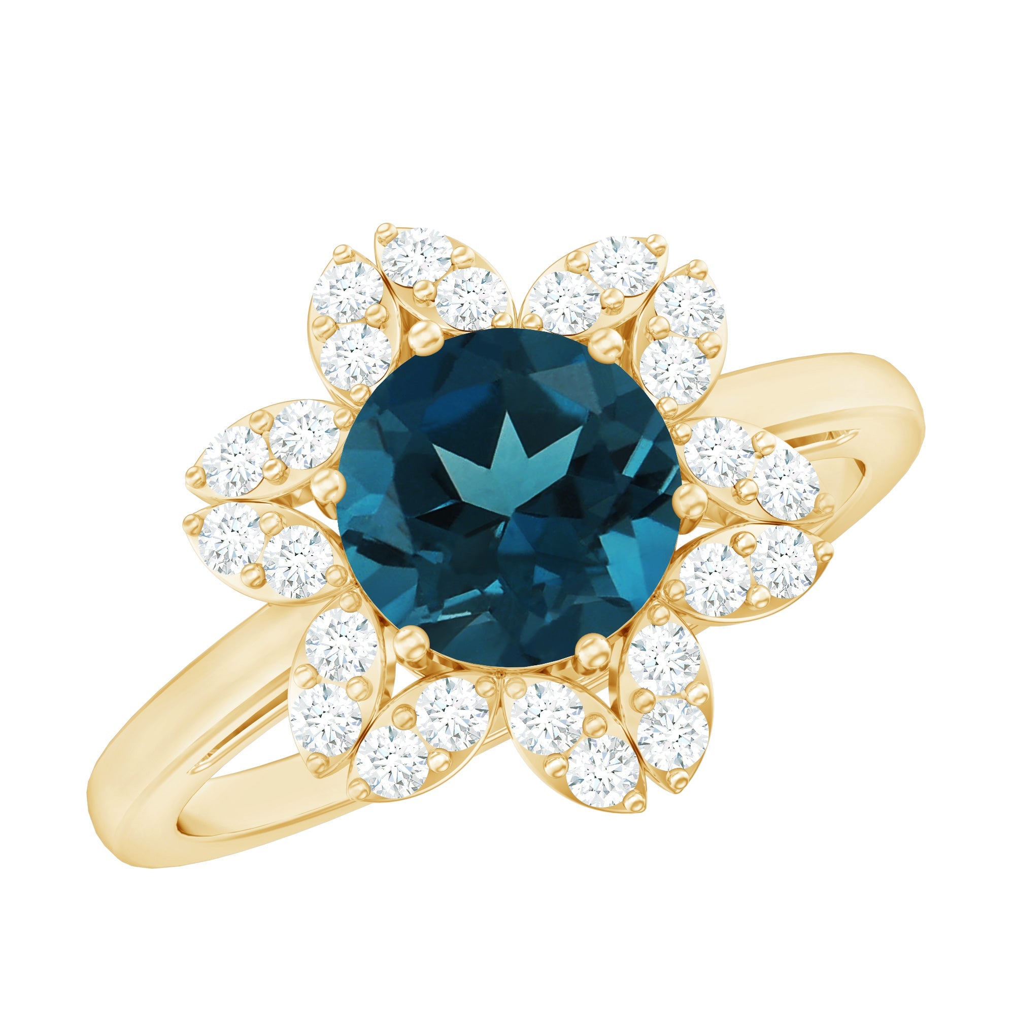 1.3 Carat Round London Blue Topaz Floral Engagement Ring with Diamond | Rings | Wiccan Center