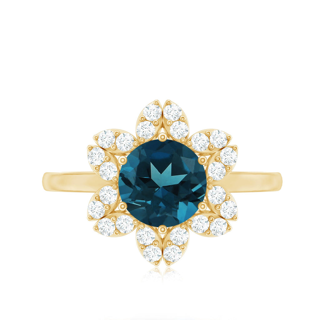 1.3 Carat Round London Blue Topaz Floral Engagement Ring with Diamond