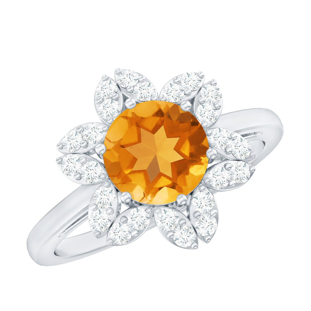 Natural Citrine Floral Engagement Ring with Diamond
