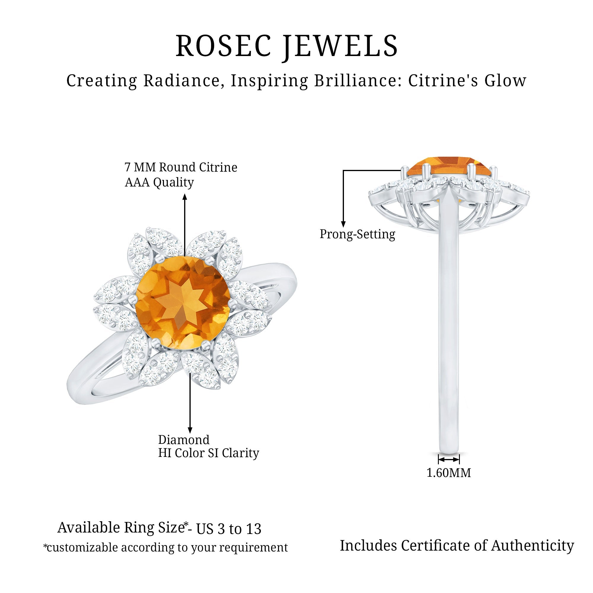 Natural Citrine Floral Engagement Ring with Diamond
