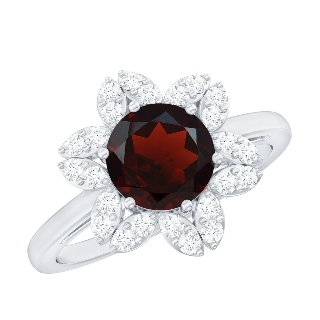 Certified Natural 2.3 Carat Garnet Flower Engagement Ring with Diamond