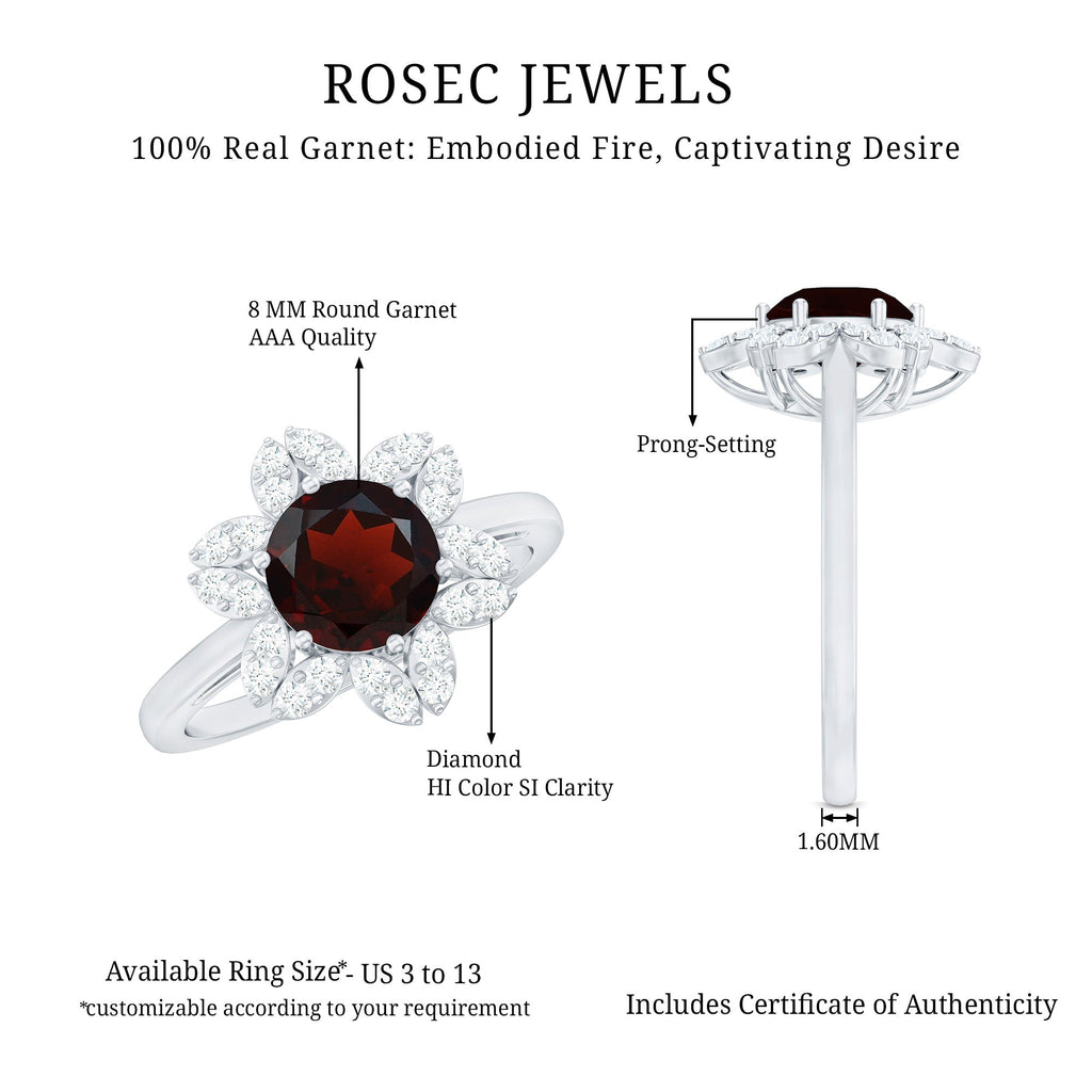 Certified Natural 2.3 Carat Garnet Flower Engagement Ring with Diamond