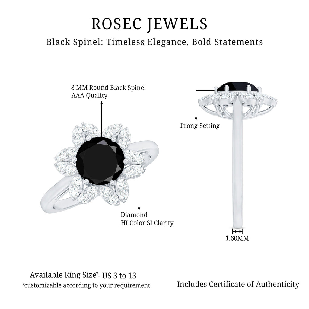 Natural 2.6 Carat Black Spinel Flower Engagement Ring with Diamond