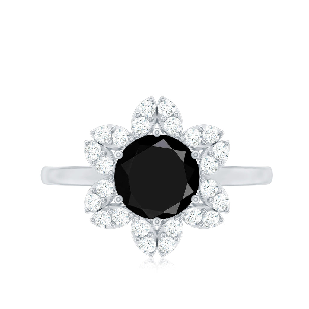 Natural 2.6 Carat Black Spinel Flower Engagement Ring with Diamond