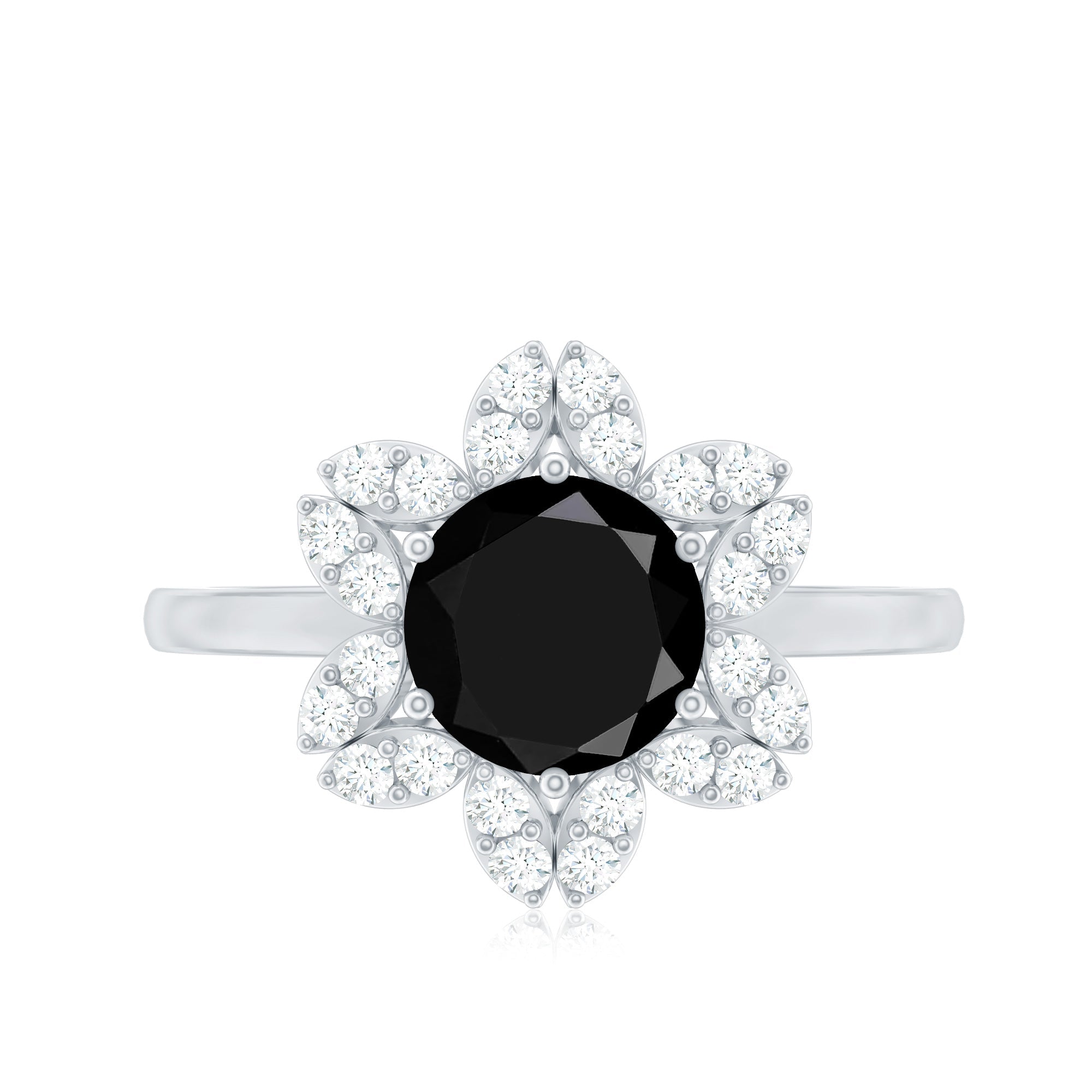 Natural 2.6 Carat Black Spinel Flower Engagement Ring with Diamond