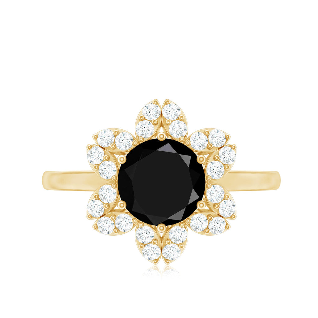 Natural 2.6 Carat Black Spinel Flower Engagement Ring with Diamond