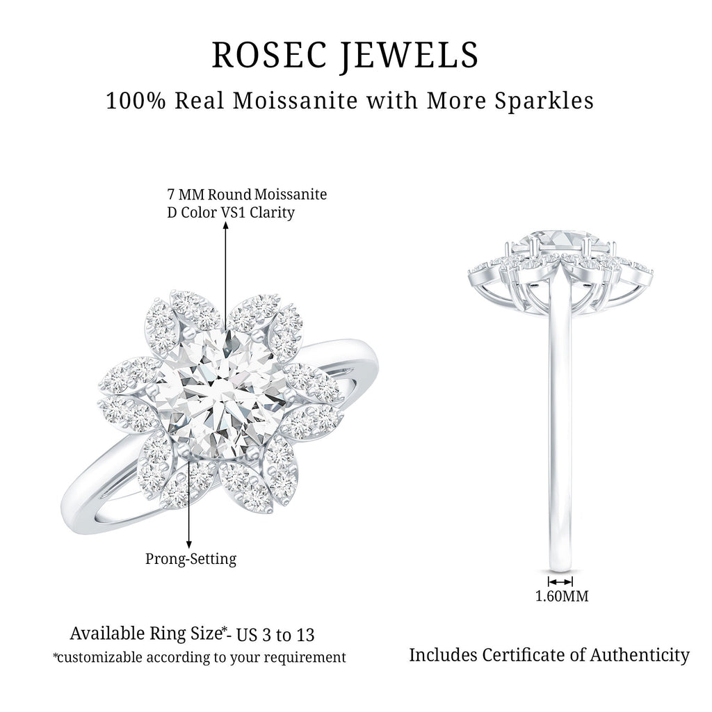 Certified Moissanite Flower Halo Engagement Ring for Women