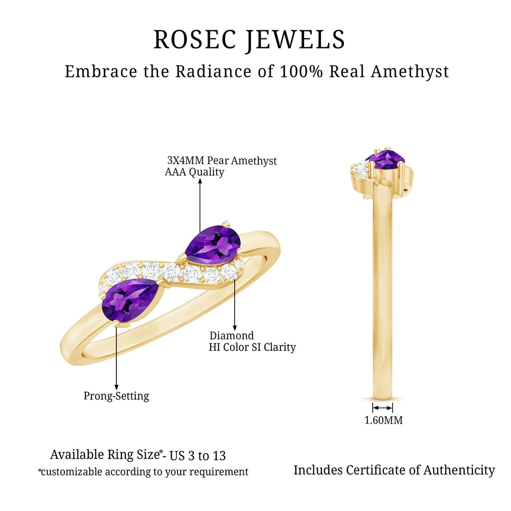 Pear Shaped Amethyst Infinity Promise Ring with Diamond