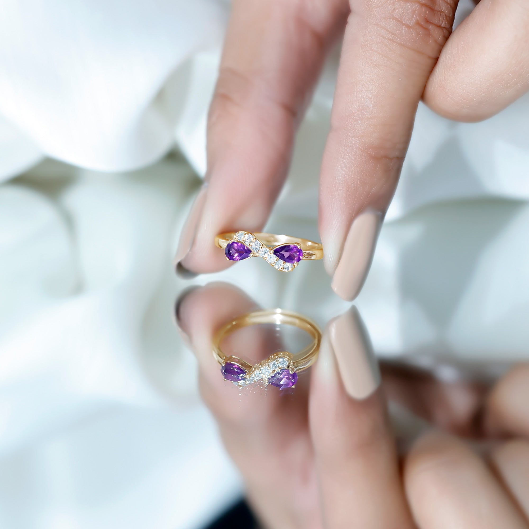 Pear Shaped Amethyst Infinity Promise Ring with Diamond