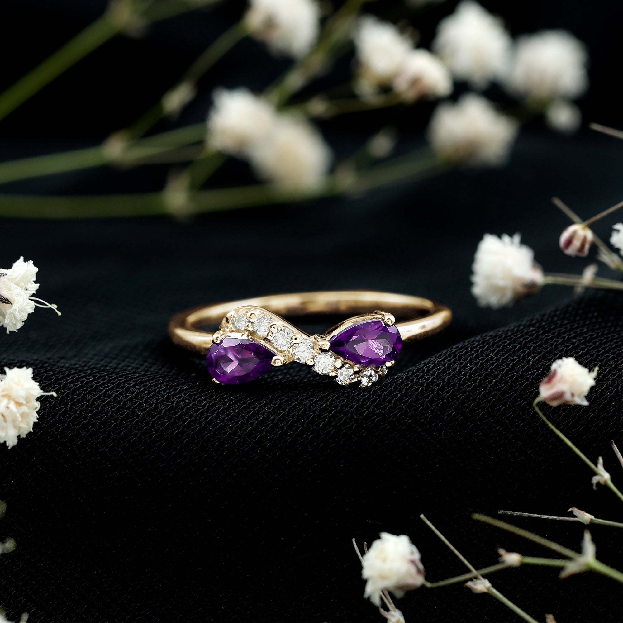 Pear Shaped Amethyst Infinity Promise Ring with Diamond
