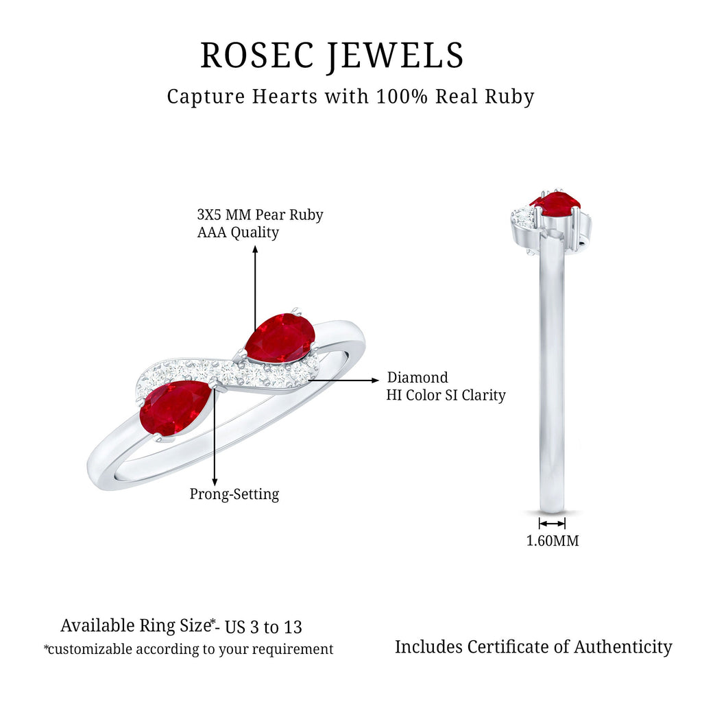 Natural Pear Shape Ruby Toi Et Moi Promise Ring with Diamond