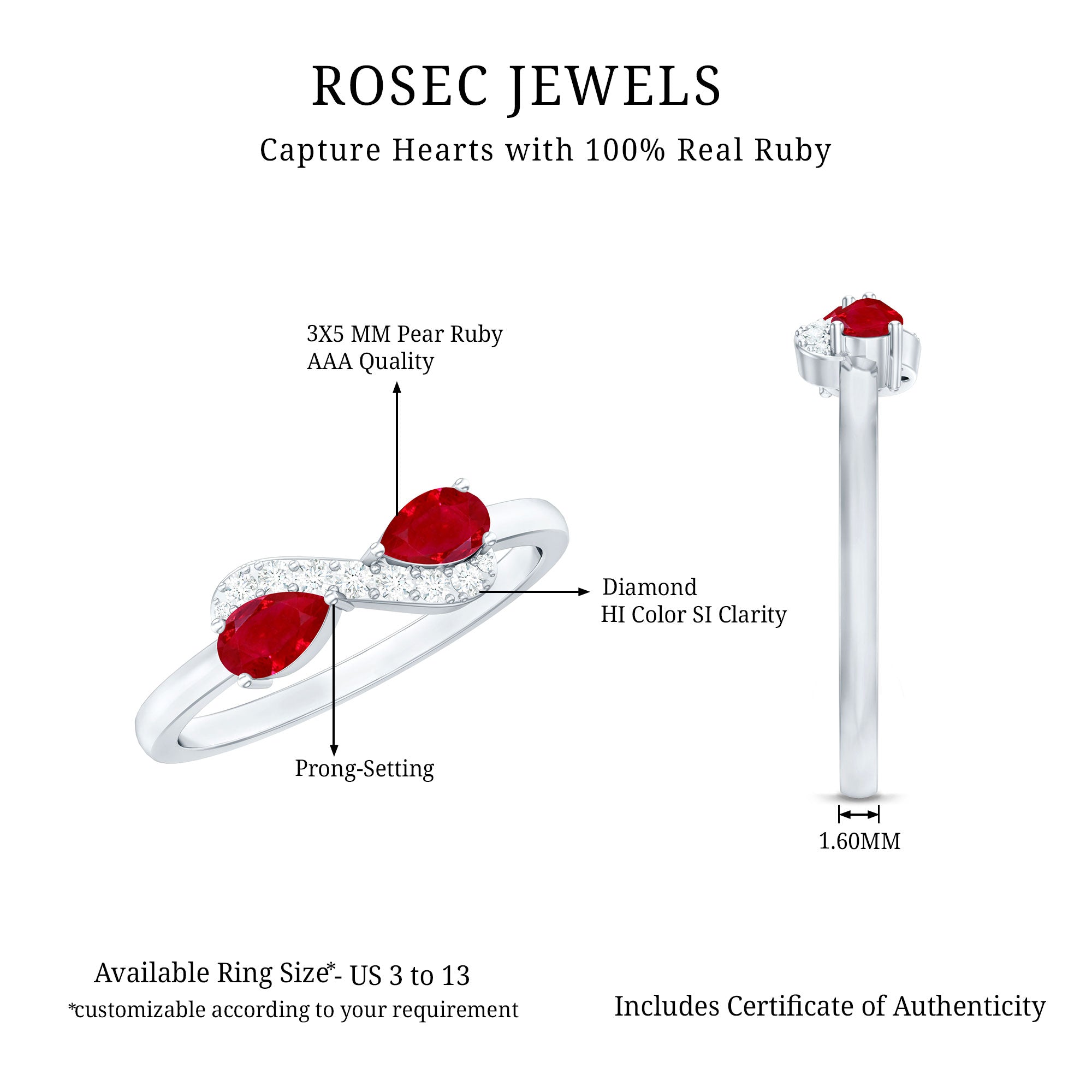 Natural Pear Shape Ruby Toi Et Moi Promise Ring with Diamond