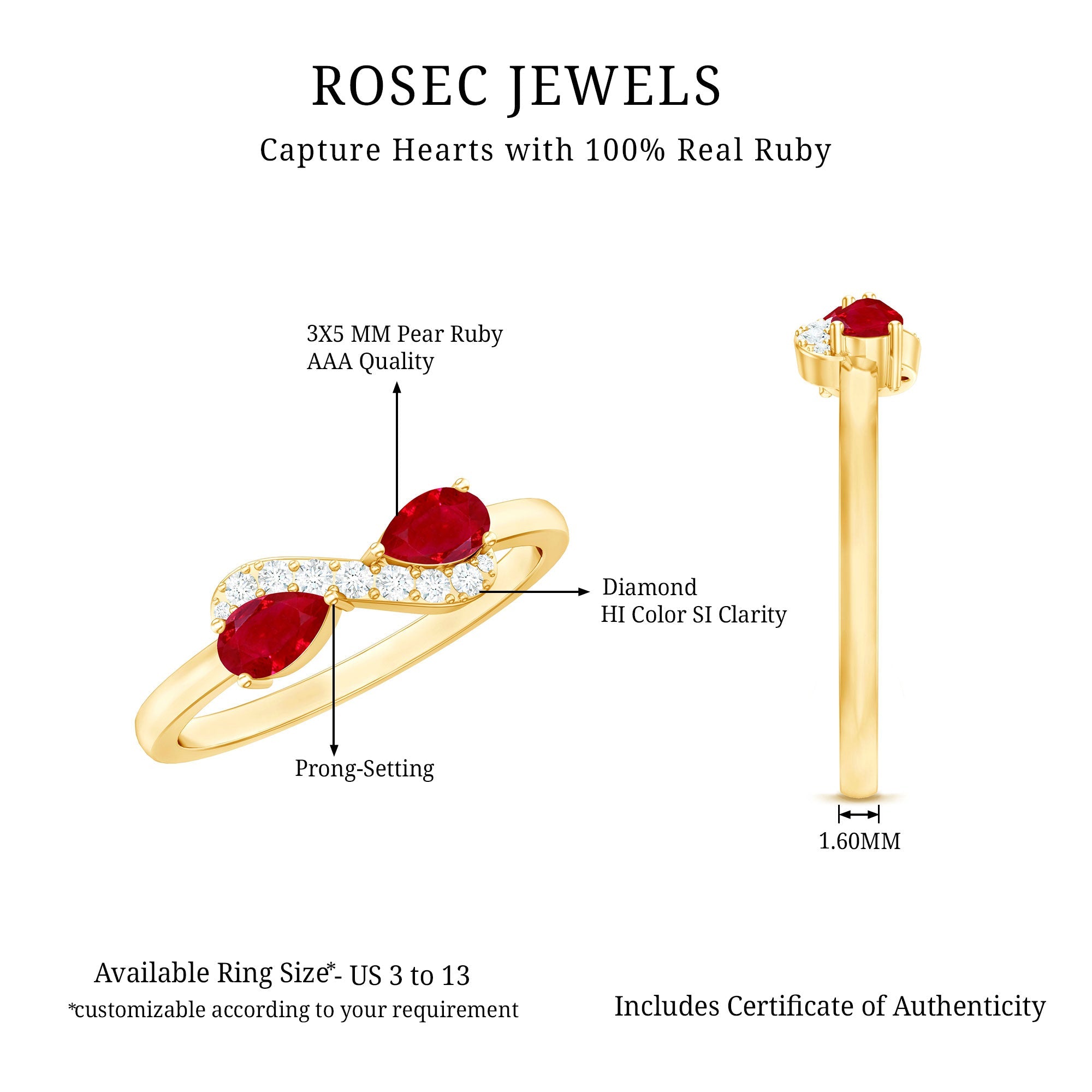 Natural Pear Shape Ruby Toi Et Moi Promise Ring with Diamond