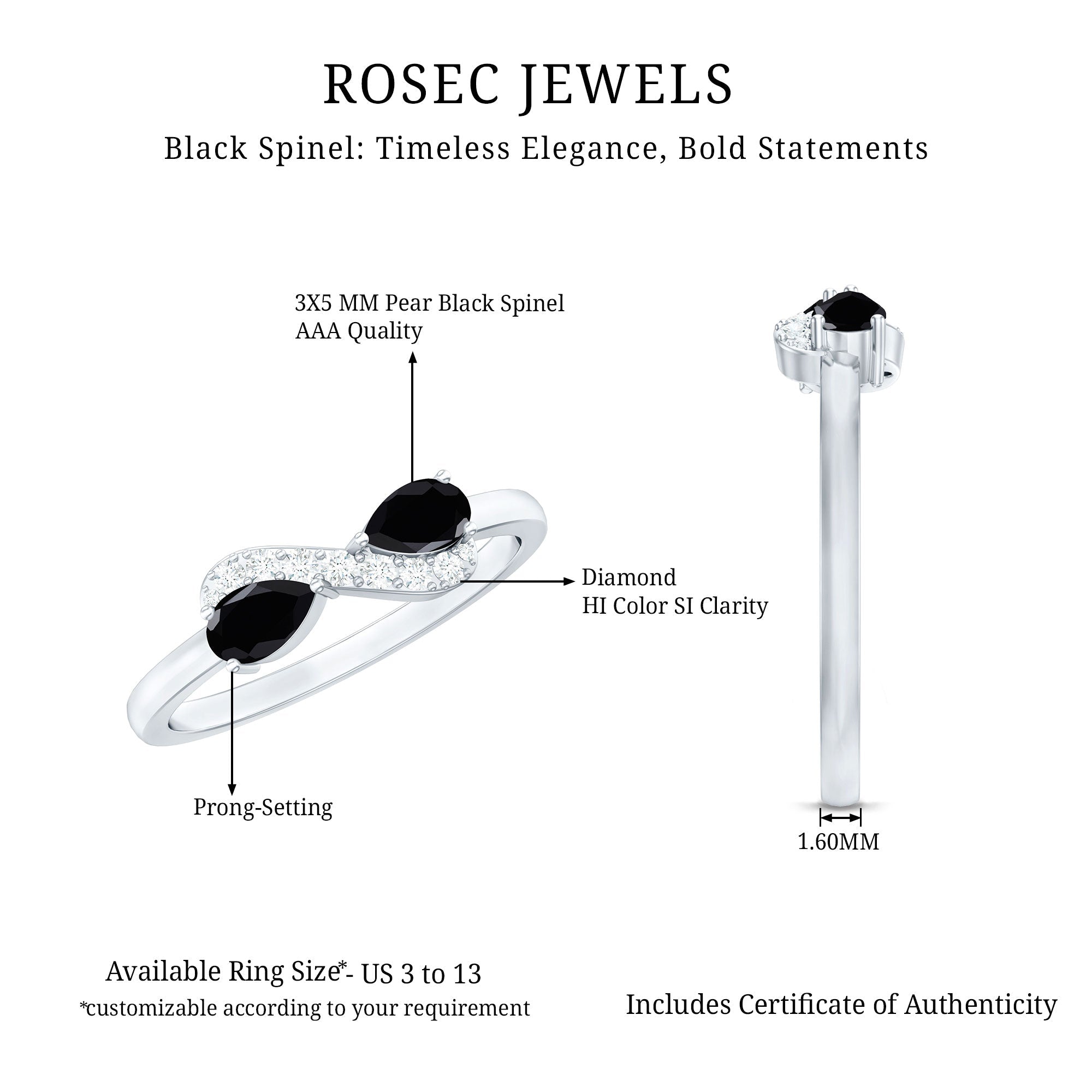Natural Black Spinel Diamond 2 Stone Promise Ring in East West Style