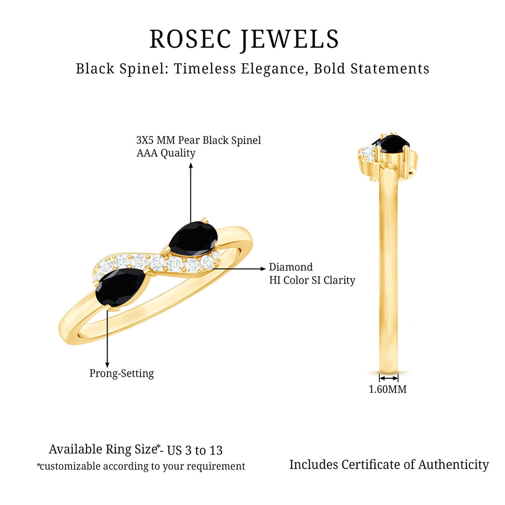 Natural Black Spinel Diamond 2 Stone Promise Ring in East West Style